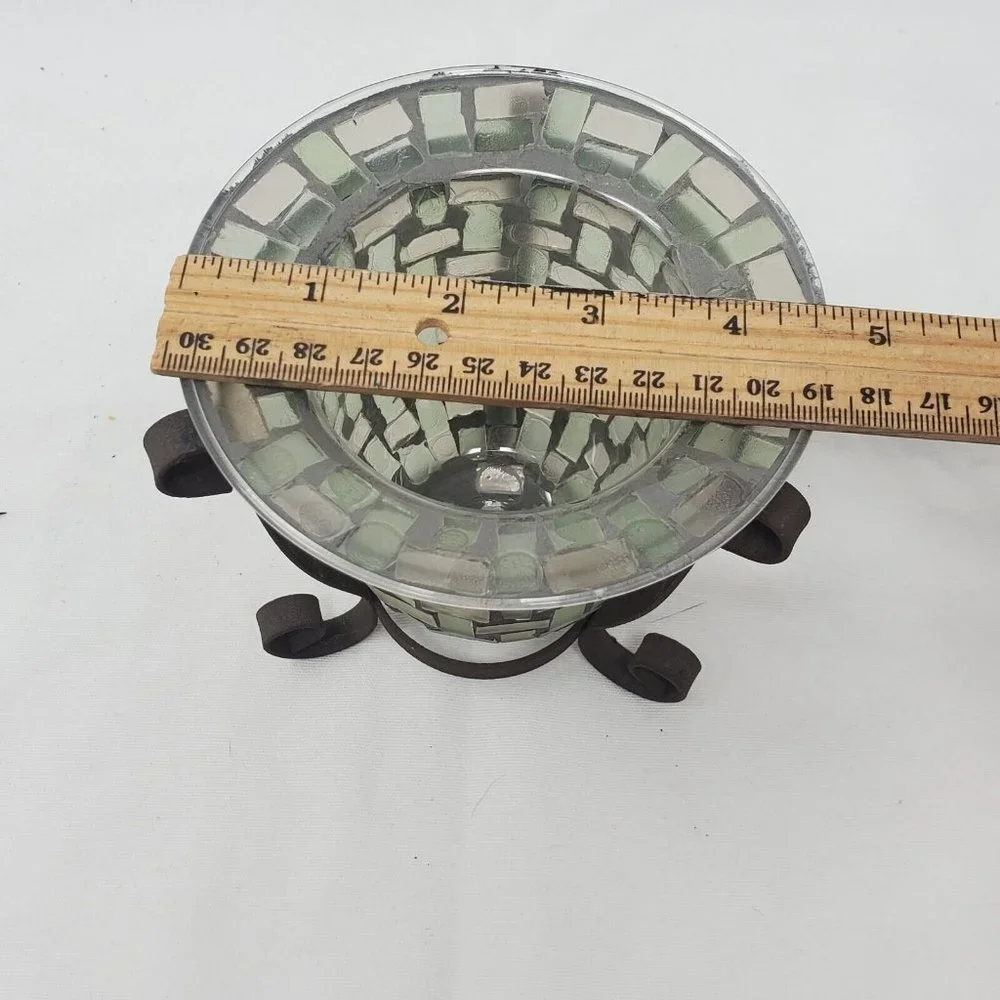 MOSAIC GLASS VOTIVE TEA LIGHT CANDLE HOLDER WITH BROWN METAL STAND - Picture 11 of 11